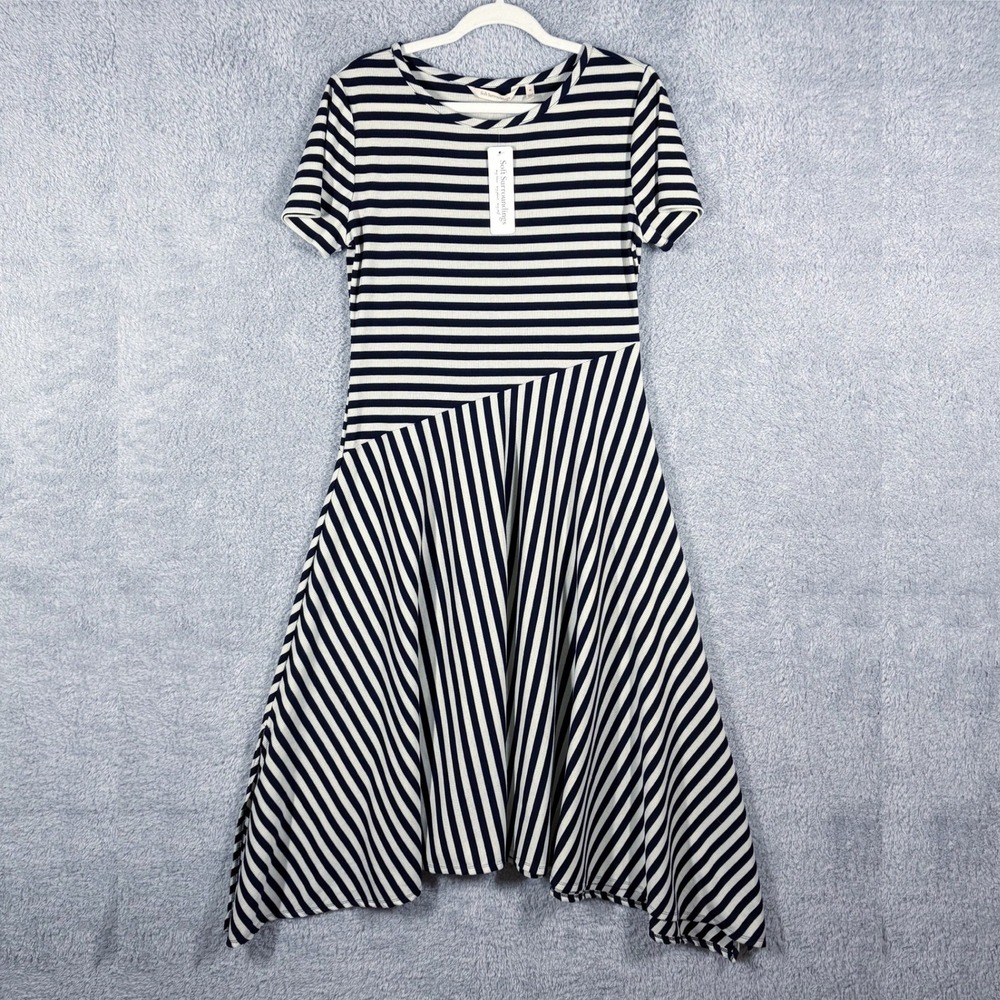 NEW Soft Surroundings Marina Rib Knit Asymmetric Midi Dress‎ Size M Stripe Blue